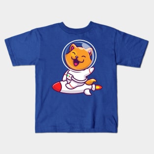 Cute Cat Astronaut Riding Rocket Cartoon Kids T-Shirt